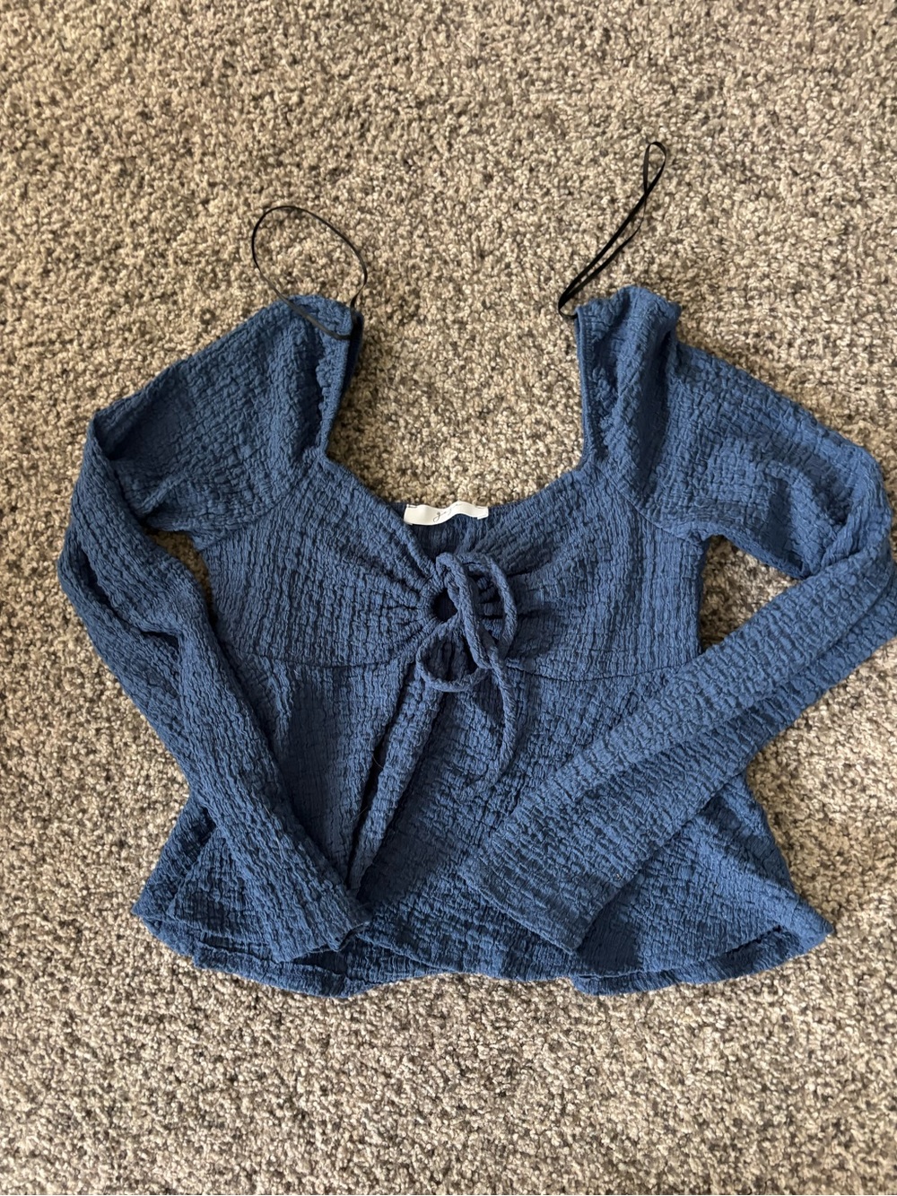 Textured Blue Long-Sleeve Tie-Front Women's Top